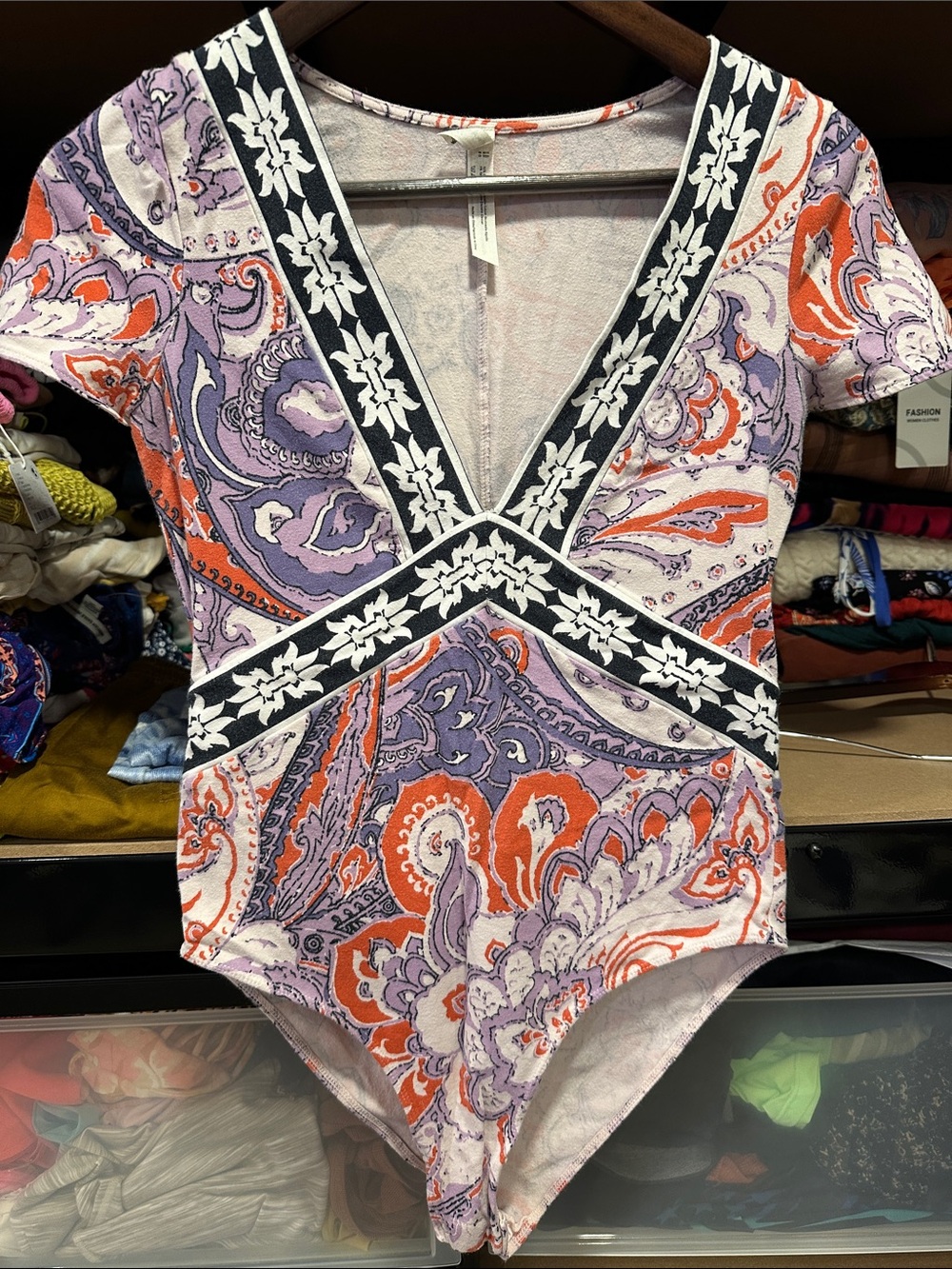 Free People purple Paisley Print V-Neck Bodysuit in Lavender & Coral small
